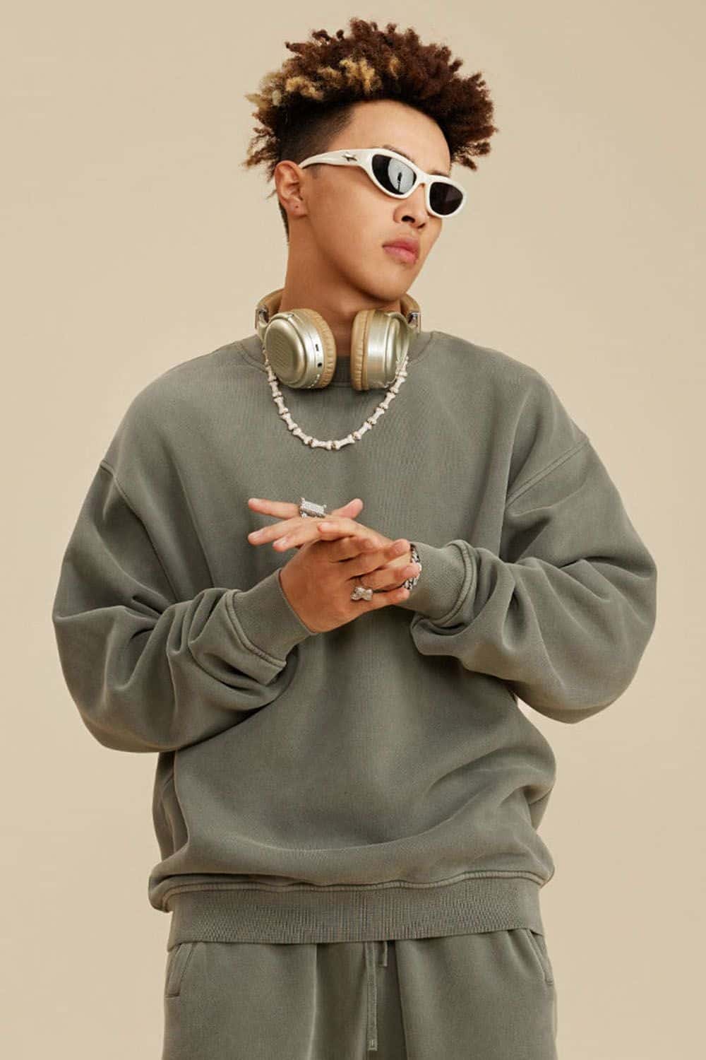 Washed Fleece-Lined Relaxed Crew-Neck Sweatshirt in Grayish Green - three-quarter front modeled view