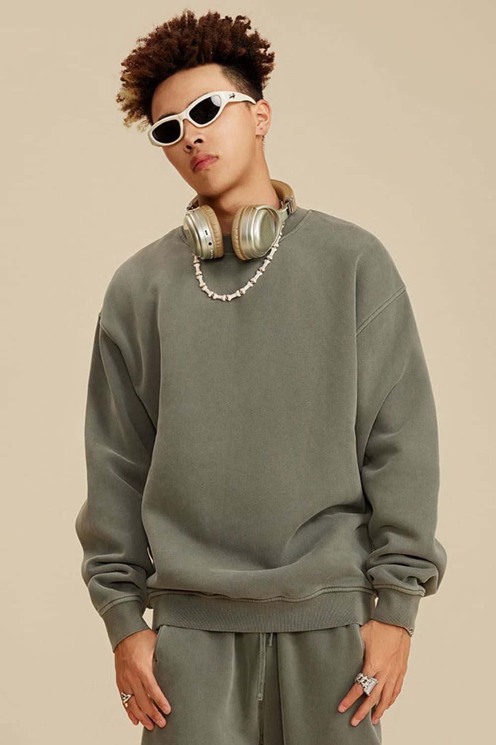 Washed Fleece-Lined Relaxed Crew-Neck Sweatshirt in Grayish Green - three-quarter front modeled view