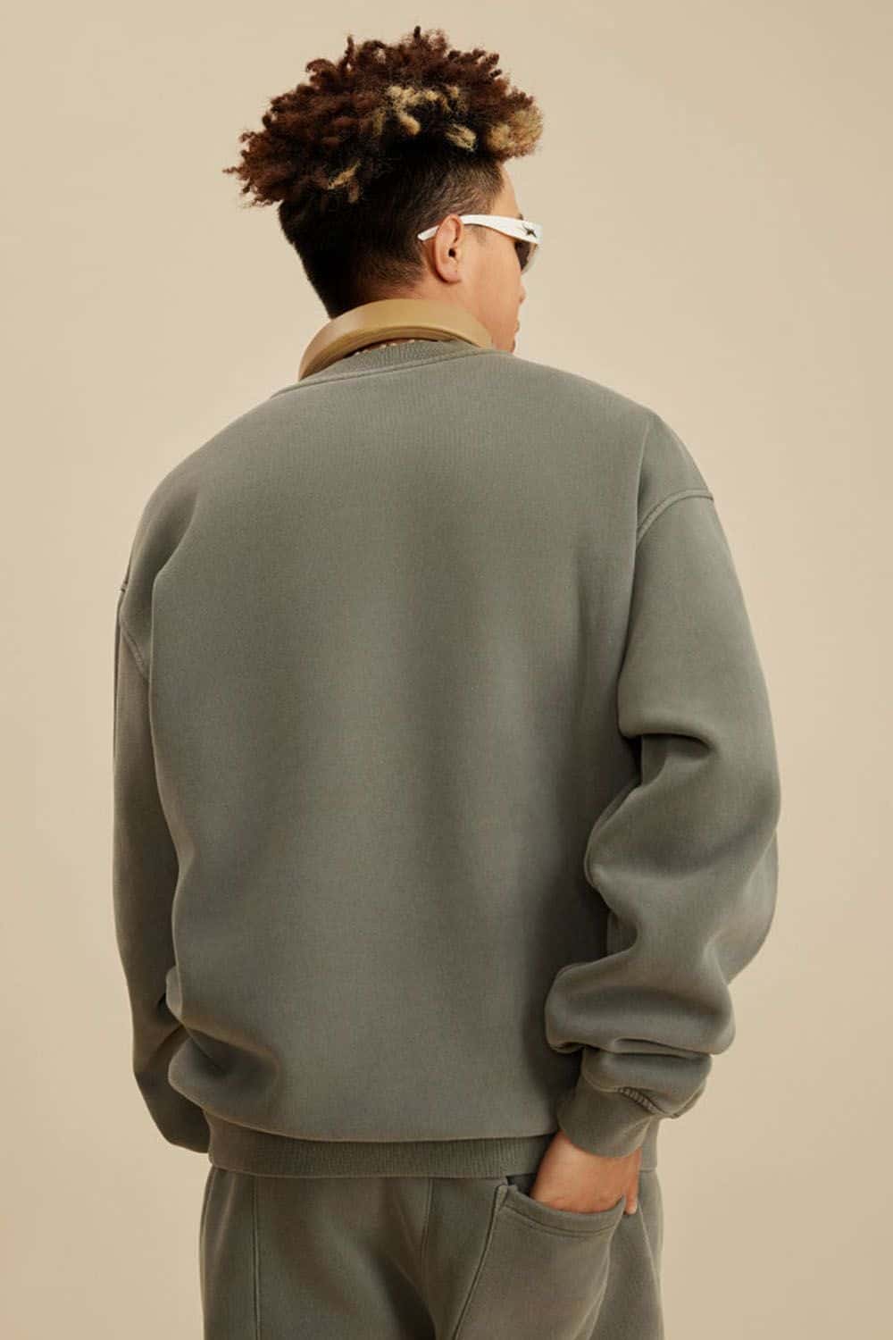 Washed Fleece-Lined Relaxed Crew-Neck Sweatshirt in Grayish Green - back modeled view