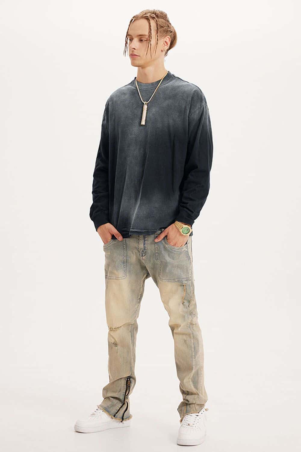 Washed Drop-Shoulder Long-Sleeve Cotton T-Shirt in Black - full-length front modeled view