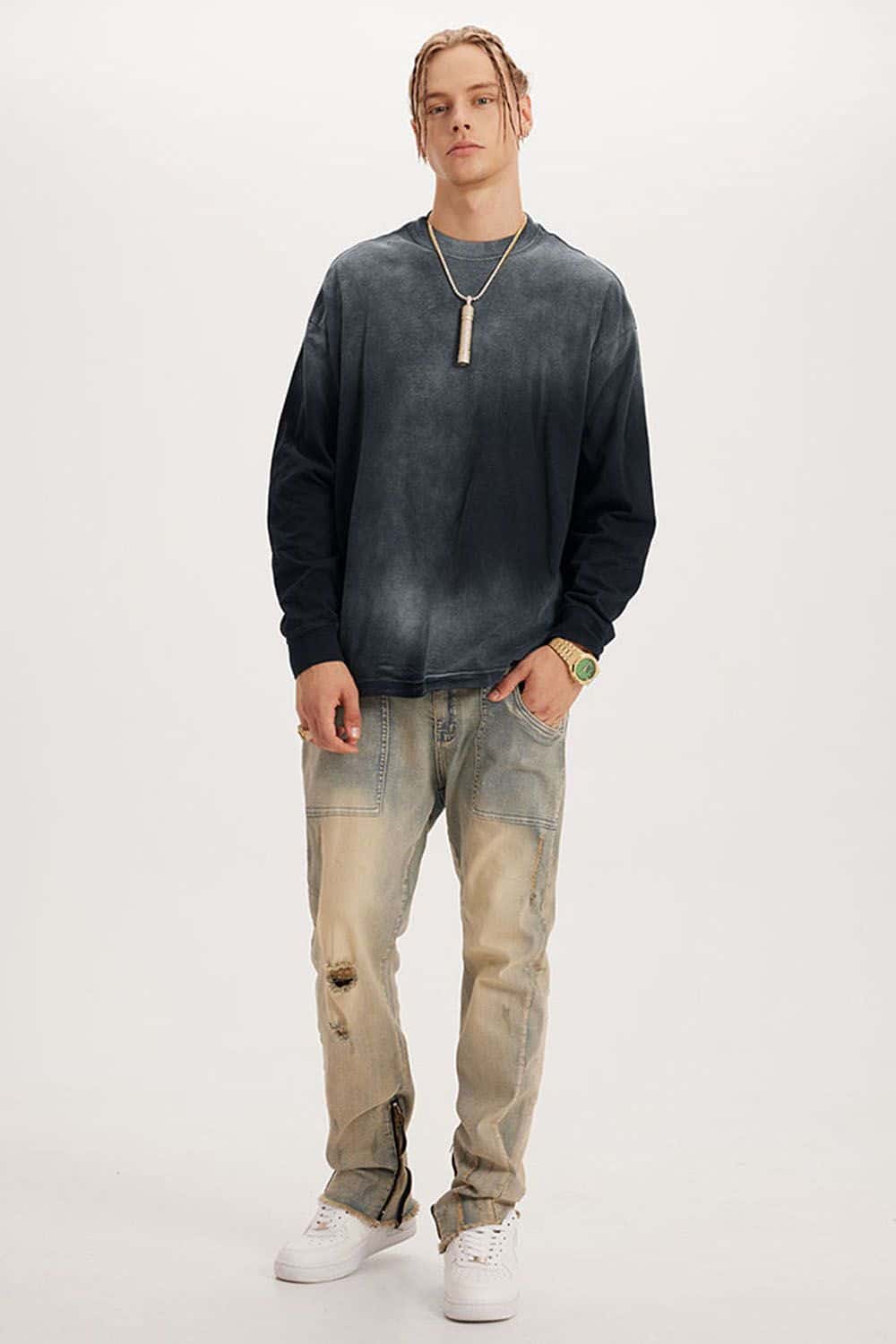 Washed Drop-Shoulder Long-Sleeve Cotton T-Shirt in Black - full-length front modeled view