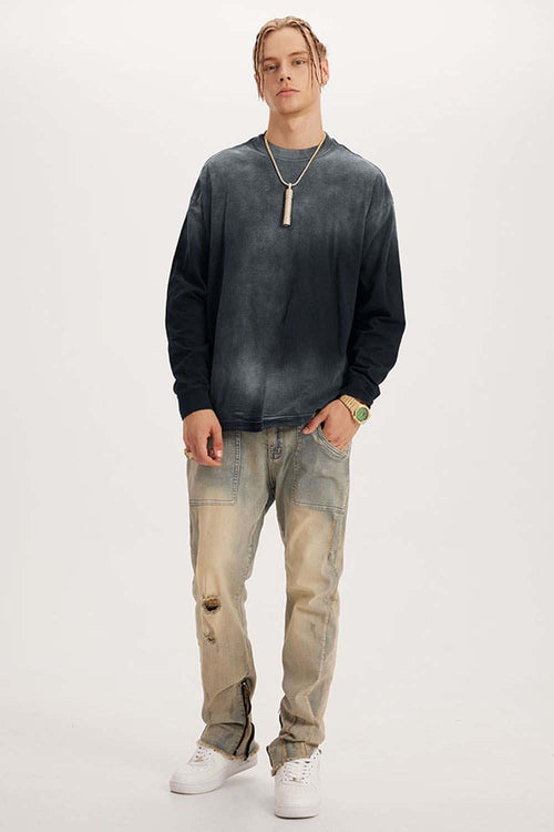 Washed Drop-Shoulder Long-Sleeve Cotton T-Shirt in Black - full-length front modeled view