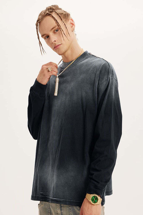 Washed Drop-Shoulder Long-Sleeve Cotton T-Shirt in Black - front modeled view
