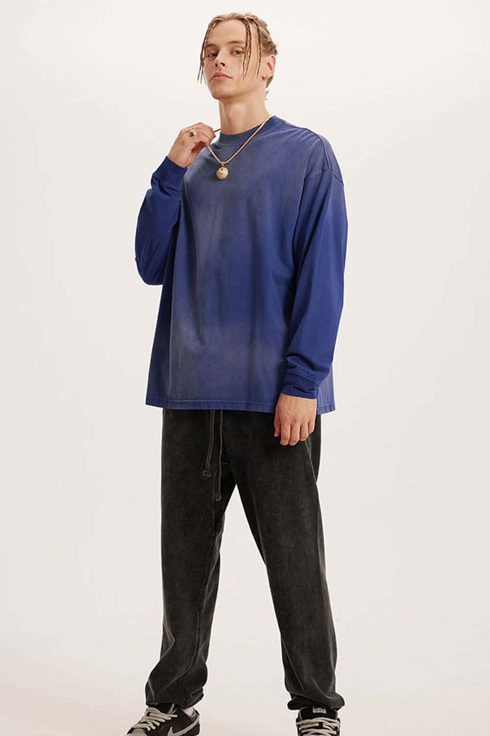 Washed Drop-Shoulder Long-Sleeve Cotton T-Shirt in Blue - full-length front modeled view