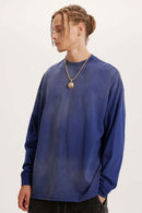Washed Drop-Shoulder Long-Sleeve Cotton T-Shirt in Blue - front modeled view