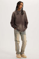Washed Drop-Shoulder Long-Sleeve Cotton T-Shirt in Coffee - full-length front modeled view