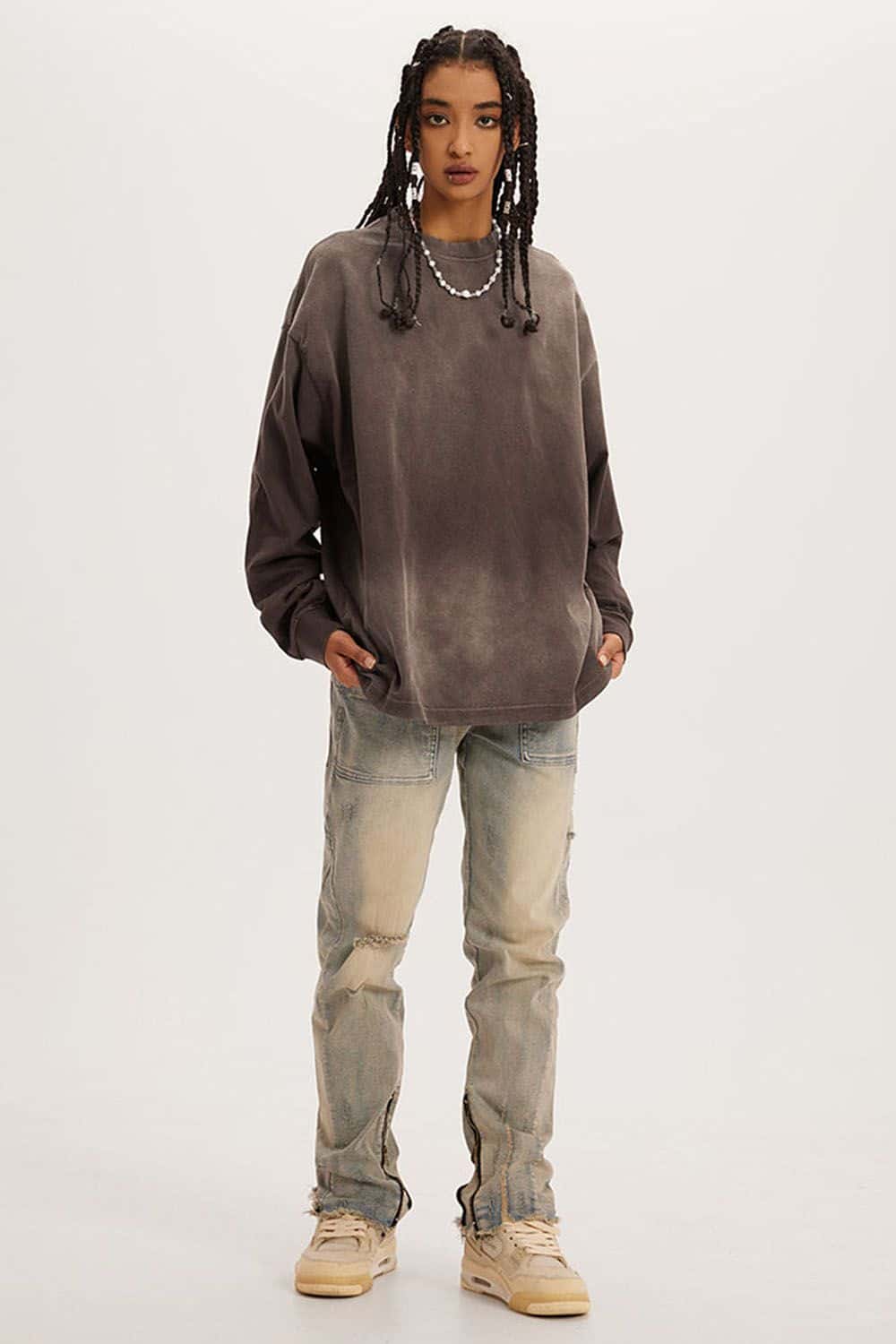 Washed Drop-Shoulder Long-Sleeve Cotton T-Shirt in Coffee - full-length front modeled view