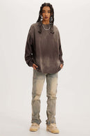 Washed Drop-Shoulder Long-Sleeve Cotton T-Shirt in Coffee - full-length front modeled view