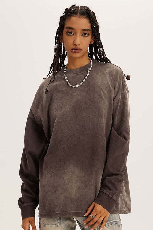 Washed Drop-Shoulder Long-Sleeve Cotton T-Shirt in Coffee - front modeled close-up