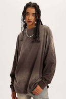 Washed Drop-Shoulder Long-Sleeve Cotton T-Shirt in Coffee - front modeled view