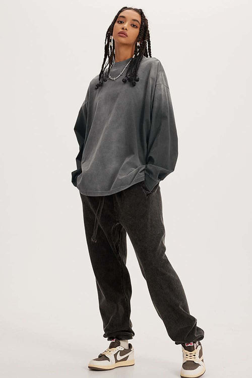 Washed Drop-Shoulder Long-Sleeve Cotton T-Shirt in Gray - full-length front modeled view