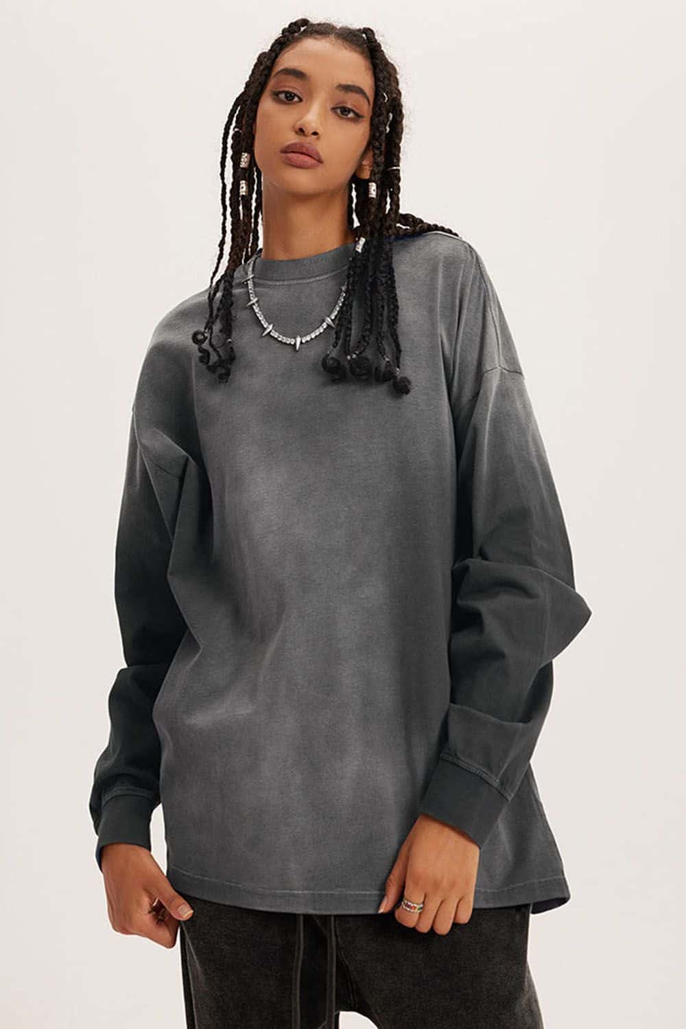 Washed Drop-Shoulder Long-Sleeve Cotton T-Shirt in Gray - front modeled view