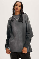 Washed Drop-Shoulder Long-Sleeve Cotton T-Shirt in Gray - front modeled view