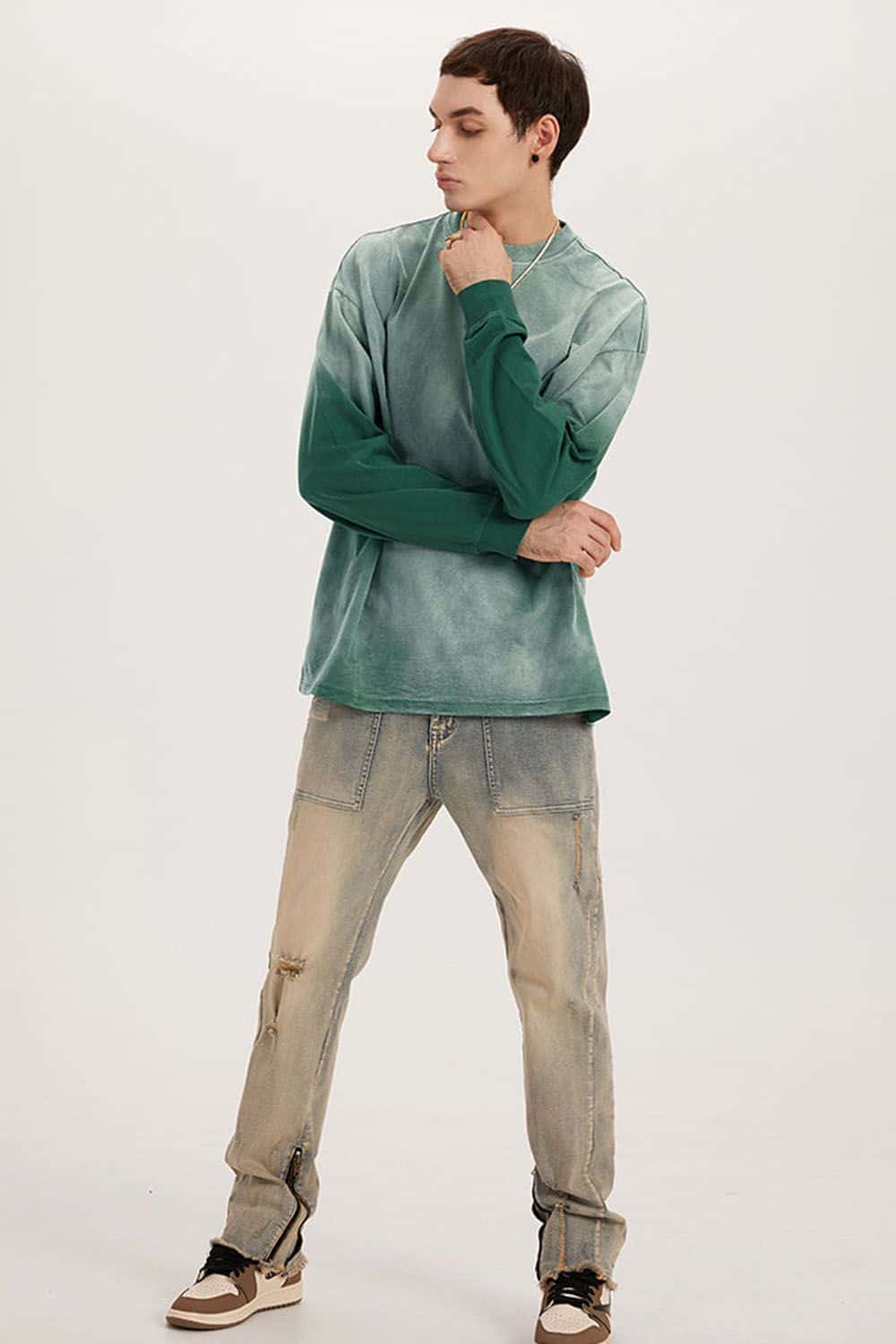 Washed Drop-Shoulder Long-Sleeve Cotton T-Shirt in Green - full-length front modeled view