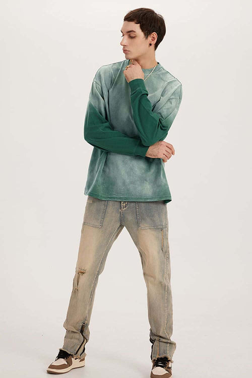 Washed Drop-Shoulder Long-Sleeve Cotton T-Shirt in Green - full-length front modeled view