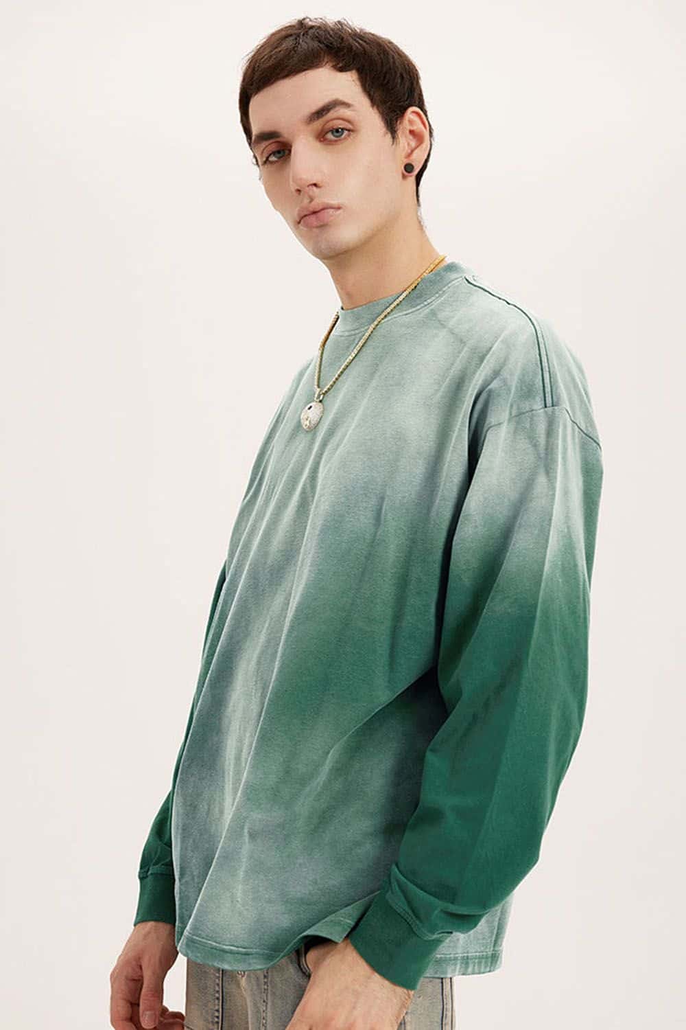 Washed Drop-Shoulder Long-Sleeve Cotton T-Shirt in Green - front modeled view