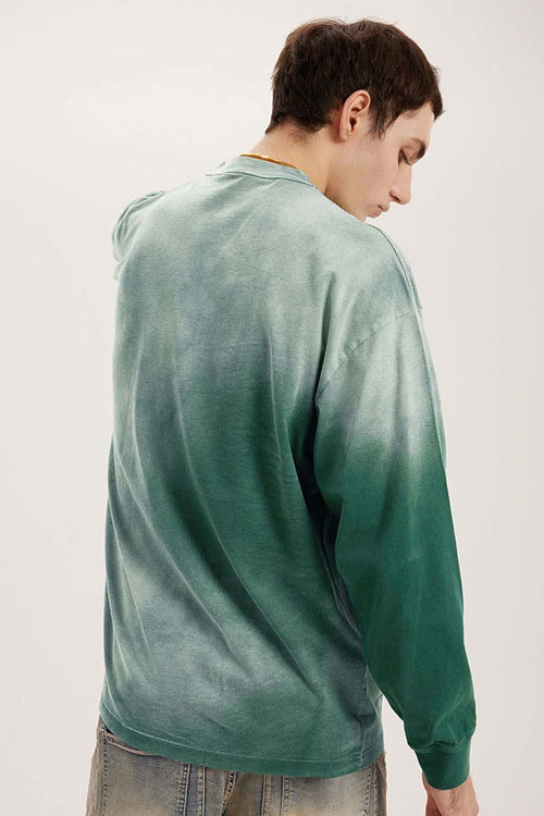 Washed Drop-Shoulder Long-Sleeve Cotton T-Shirt in Green - back modeled view
