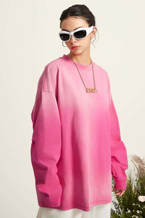 Washed Drop-Shoulder Long-Sleeve Cotton T-Shirt in Rose Red - front modeled view