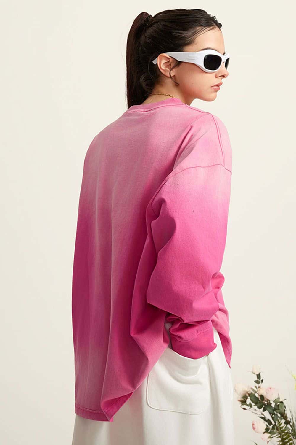 Washed Drop-Shoulder Long-Sleeve Cotton T-Shirt in Rose Red - back modeled view