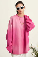 Washed Drop-Shoulder Long-Sleeve Cotton T-Shirt in Rose Red - front modeled close-up