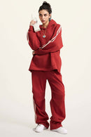 Contrast Stripe Raglan Hoodie - Rust Red