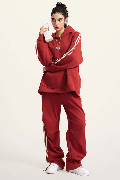 Contrast Stripe Raglan Hoodie - Rust Red