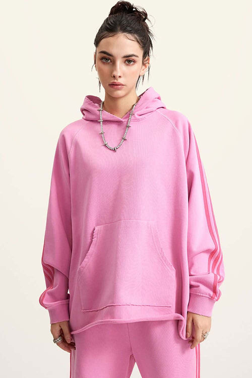 Contrast Stripe Raglan Hoodie - Rose Pink
