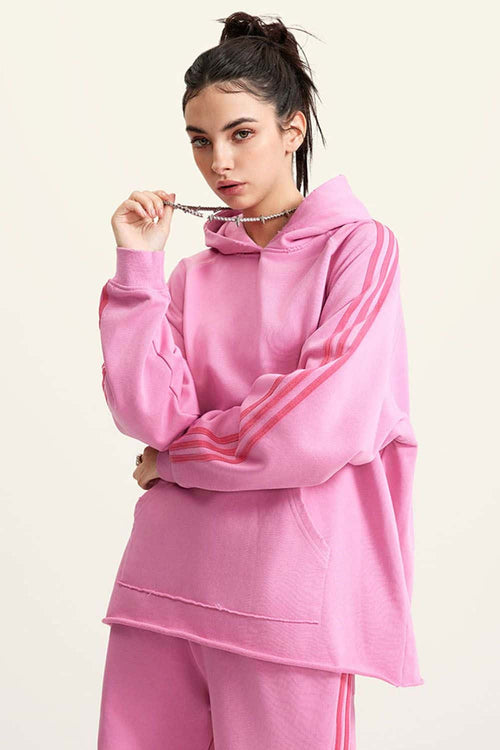 Contrast Stripe Raglan Hoodie - Rose Pink