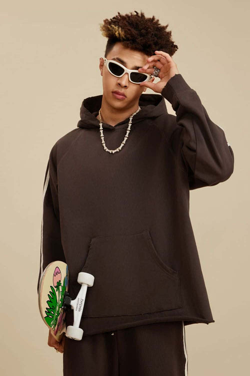 Contrast Stripe Raglan Hoodie - Chocolate