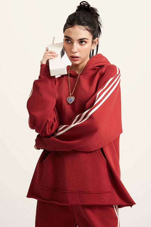 Contrast Stripe Raglan Hoodie - Rust Red