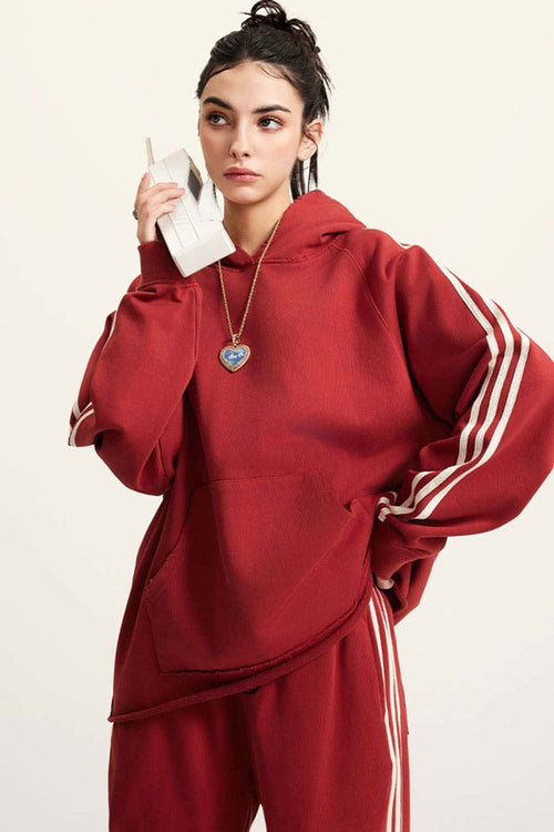 Contrast Stripe Raglan Hoodie - Rust Red