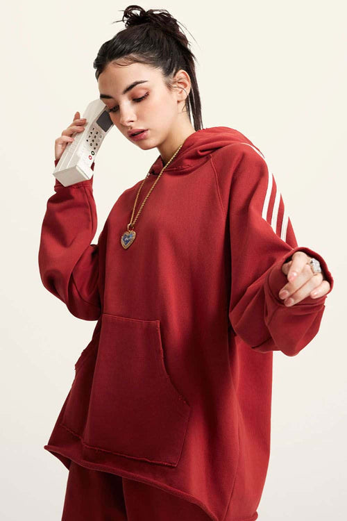 Contrast Stripe Raglan Hoodie - Rust Red