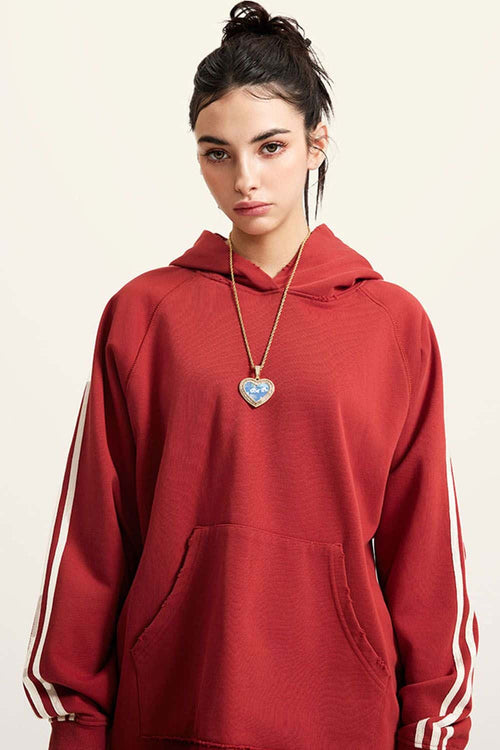 Contrast Stripe Raglan Hoodie - Rust Red