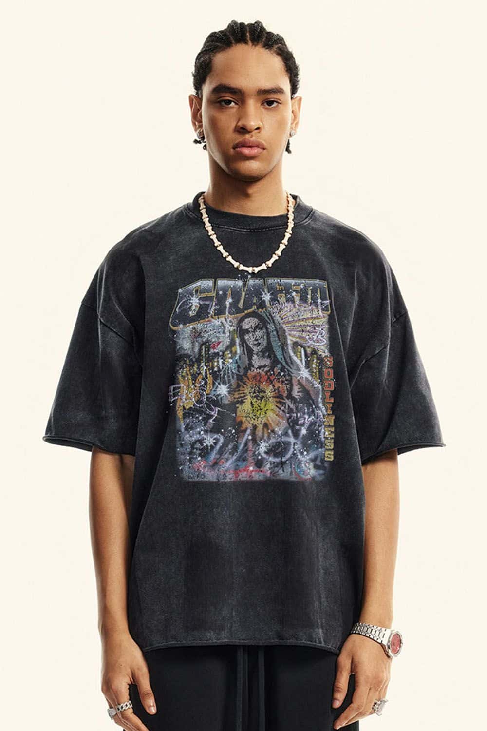 Vintage Washed Graphic Cotton Tee - Slate Black
