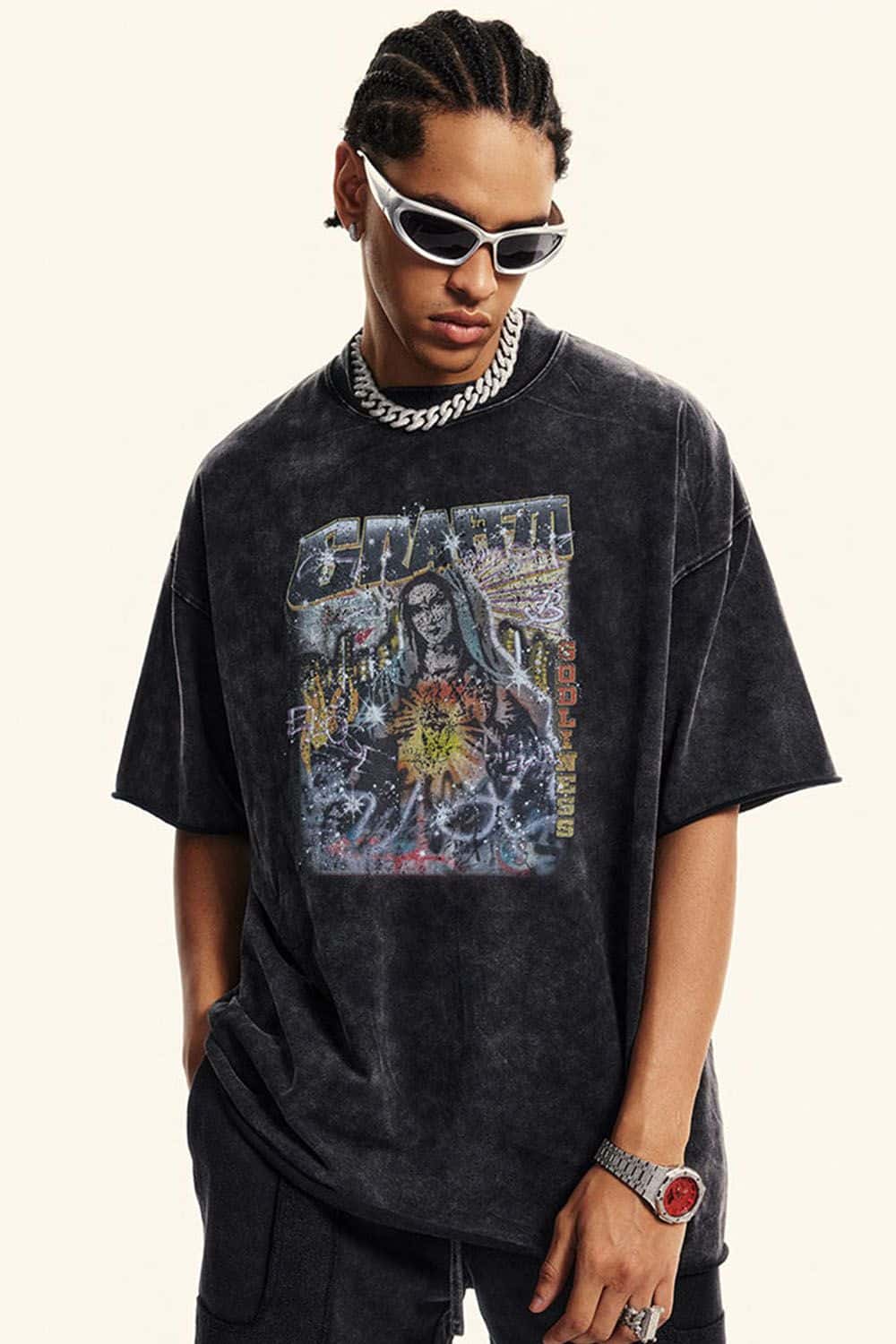 Vintage Washed Graphic Cotton Tee - Slate Black