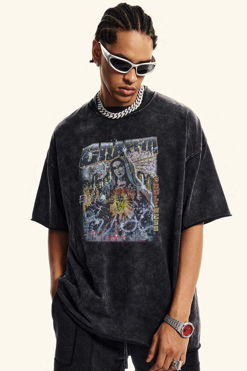 Vintage Washed Graphic Cotton Tee - Slate Black