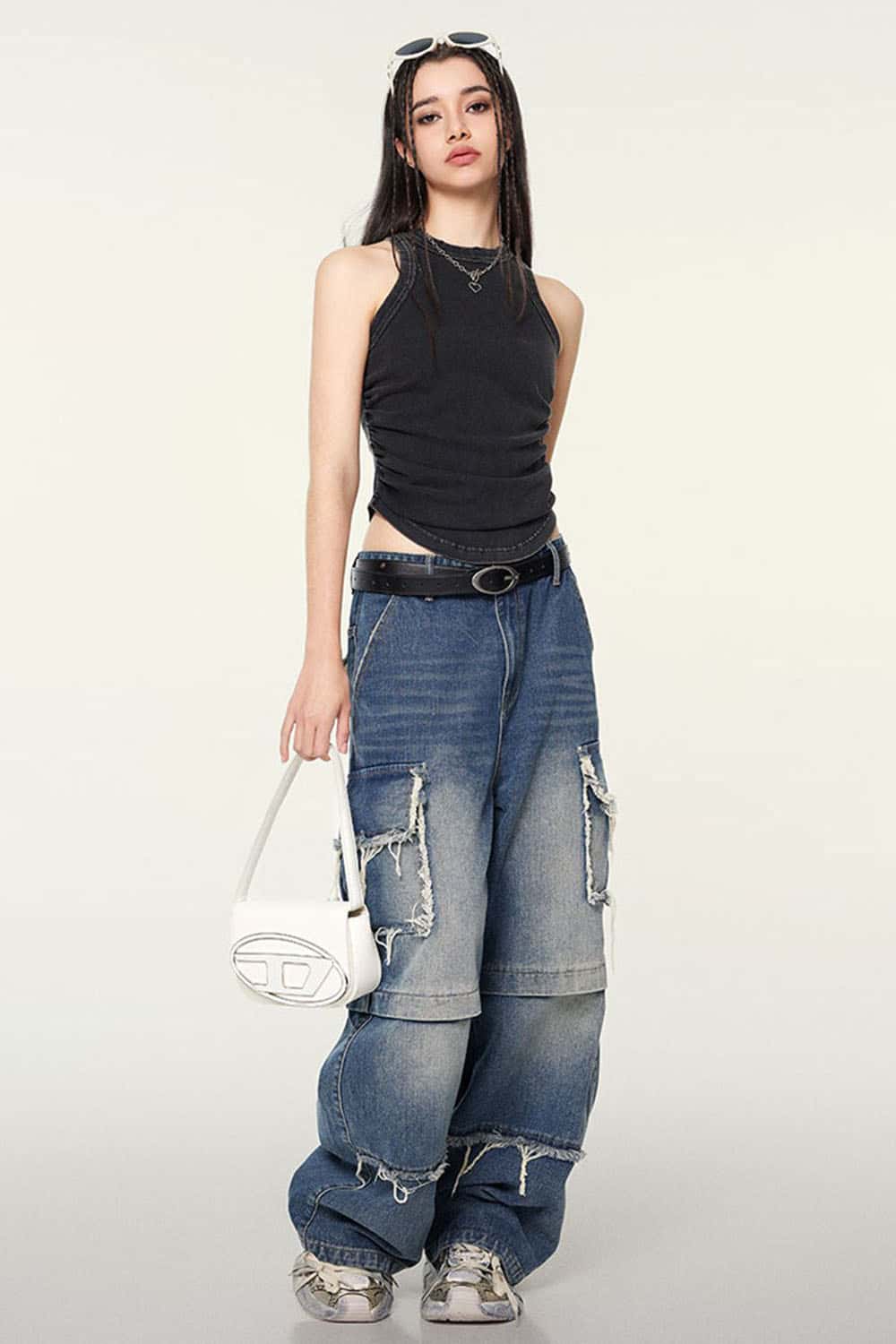Ruched Asymmetric-Hem Fitted Cotton-Blend Sleeveless Top in Fried Snowflakes - full-length front modeled view