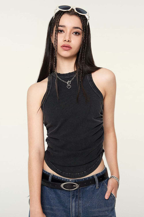 Ruched Asymmetric-Hem Fitted Cotton-Blend Sleeveless Top in Fried Snowflakes - front modeled close-up