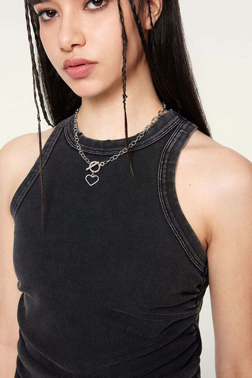 Ruched Asymmetric-Hem Fitted Cotton-Blend Sleeveless Top in Fried Snowflakes - collar detail