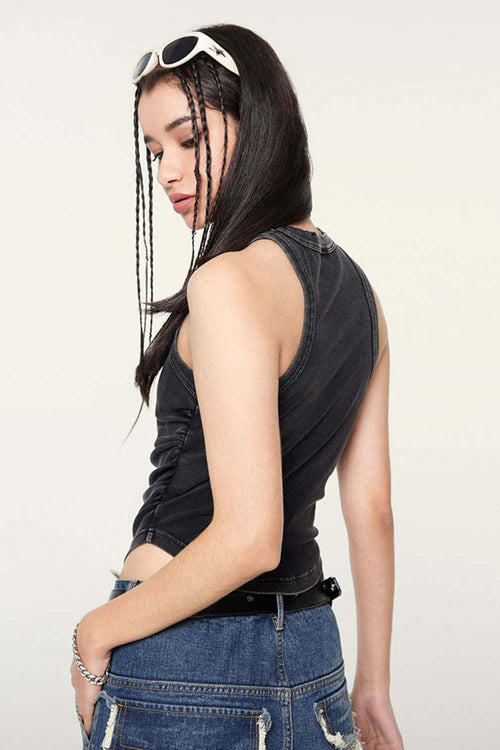 Ruched Asymmetric-Hem Fitted Cotton-Blend Sleeveless Top in Fried Snowflakes - back modeled view