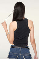Ruched Asymmetric-Hem Fitted Cotton-Blend Sleeveless Top in Fried Snowflakes - back modeled view