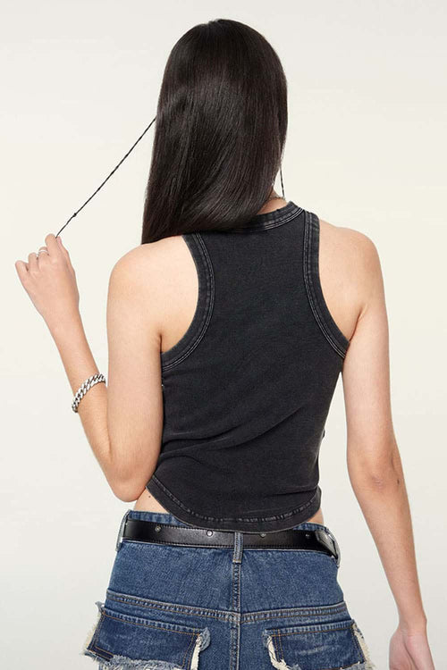 Ruched Asymmetric-Hem Fitted Cotton-Blend Sleeveless Top in Fried Snowflakes - back modeled view