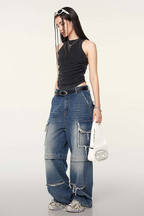 Ruched Asymmetric-Hem Fitted Cotton-Blend Sleeveless Top in Fried Snowflakes - full-length front modeled view