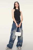 Ruched Asymmetric-Hem Fitted Cotton-Blend Sleeveless Top in Fried Snowflakes - full-length front modeled view