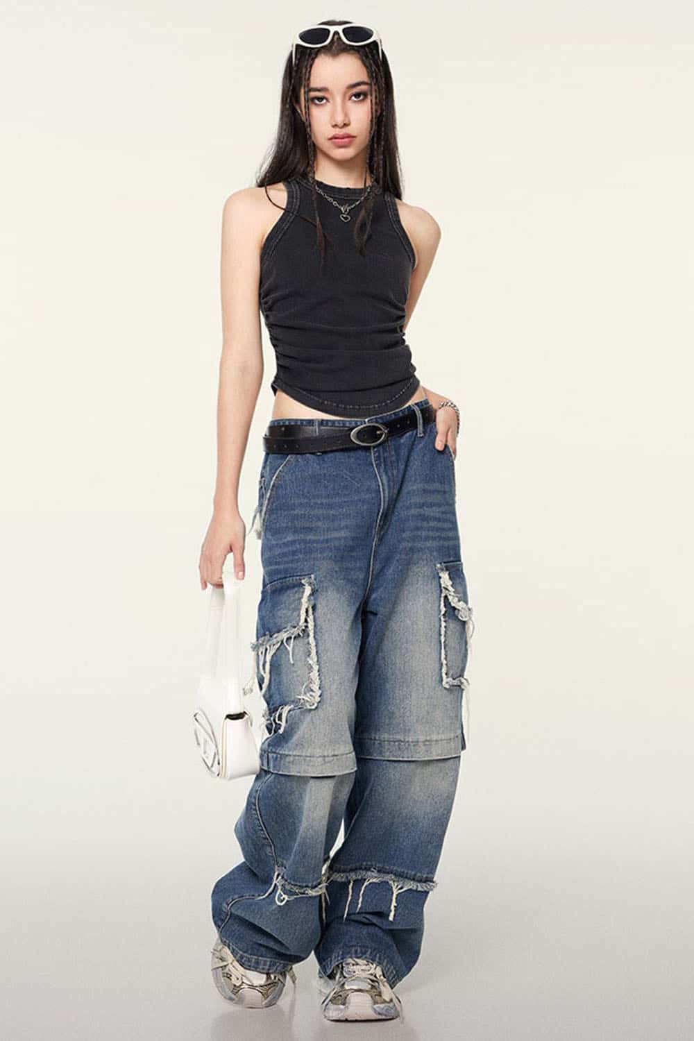 Ruched Asymmetric-Hem Fitted Cotton-Blend Sleeveless Top in Fried Snowflakes - full-length front modeled view