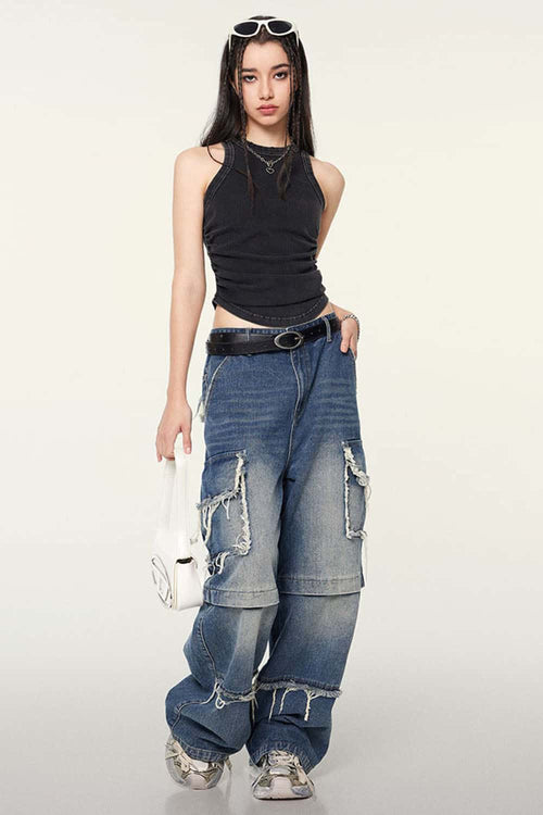 Ruched Asymmetric-Hem Fitted Cotton-Blend Sleeveless Top in Fried Snowflakes - full-length front modeled view