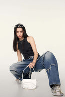 Ruched Asymmetric-Hem Fitted Cotton-Blend Sleeveless Top in Fried Snowflakes - full-length front modeled view