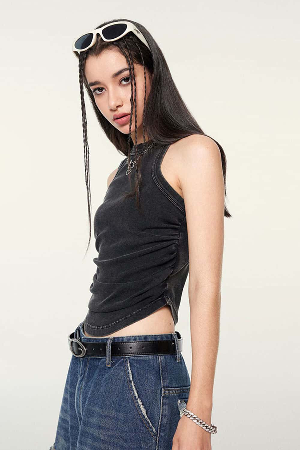 Ruched Asymmetric-Hem Fitted Cotton-Blend Sleeveless Top in Fried Snowflakes - three-quarter front modeled view