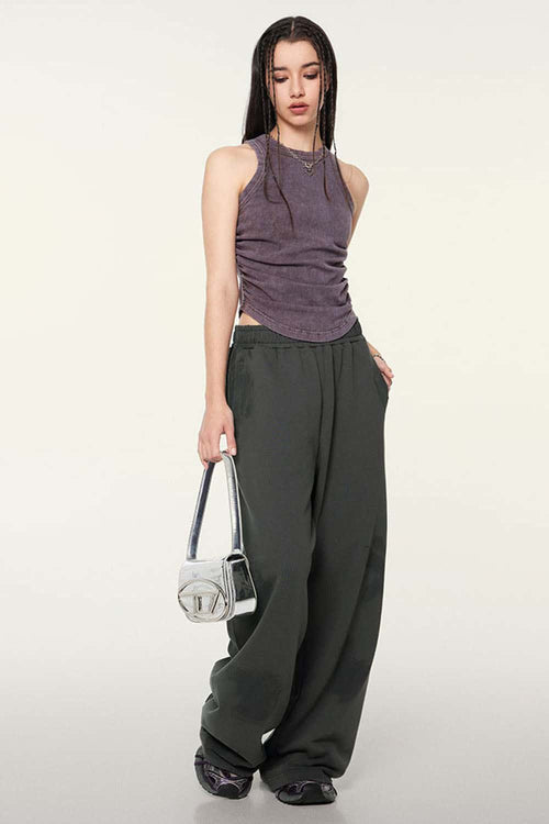 Ruched Asymmetric-Hem Fitted Cotton-Blend Sleeveless Top in Grape Purple - full-length front modeled view