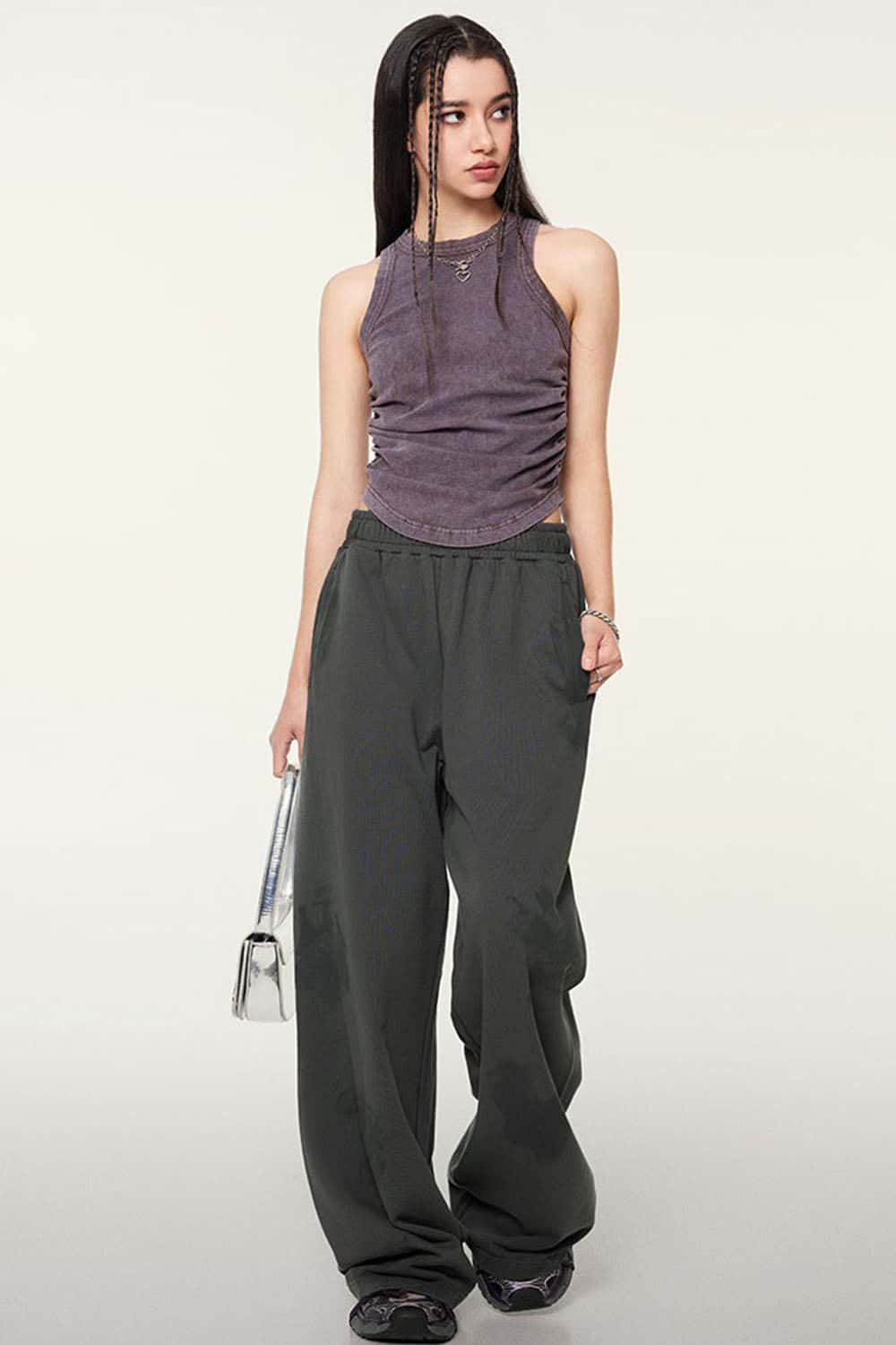 Ruched Asymmetric-Hem Fitted Cotton-Blend Sleeveless Top in Grape Purple - full-length front modeled view